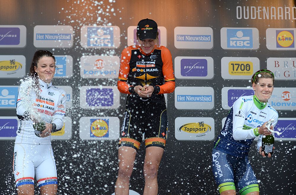 Ellen Van Dijk wins the 2014 Tour of Flanders Women, Lizzie Armitstead second, Emma Johansson third
