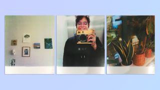 A compilation of photos of paintings on a wall, a person smiling, and a collection of plant pots, taken on a Kodak Mini Shot 3 Era 2-in-1 hybrid instant camera