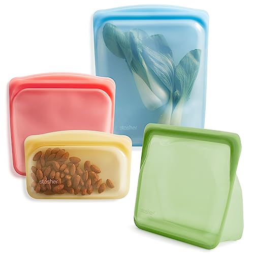 Stasher Premium Silicone Reusable Food Storage Bags, 4-Pack, Rainbow, Multi-Use Food Storage Bags, Lunch Bag, Travel Containers, Bpa Free, Leak-Free, Dishwasher-Safe, Eco-Friendly