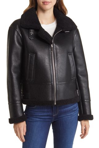 MICHAEL Michael Kors Faux Leather Jacket with Faux Shearling Trim