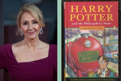 a split template of JK Rowling and a Harry Potter book