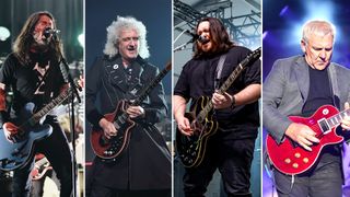 (from left) Dave Grohl, Brian May, Wolfgang Van Halen and Alex Lifeson