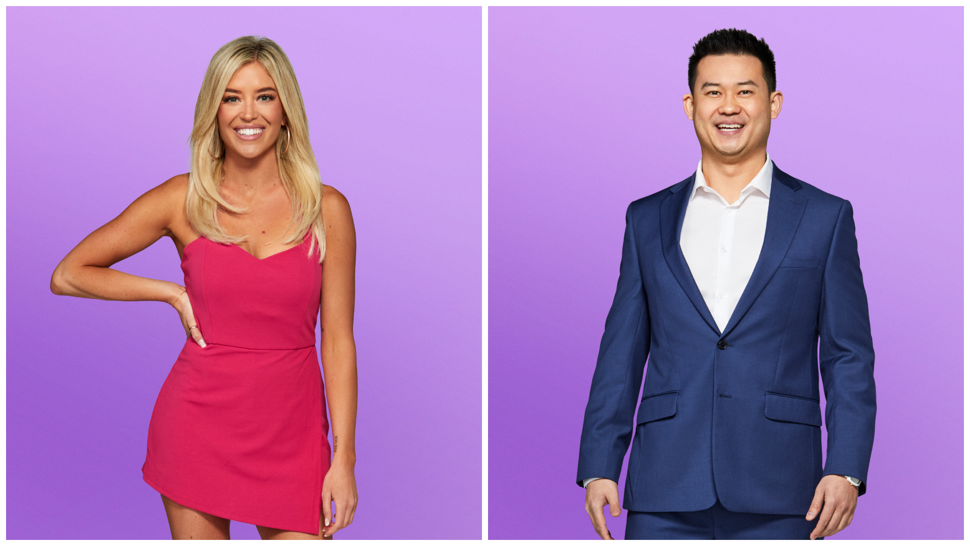A two-split image of Kacie Mcintosh and Patrick Suzuki from Love Is Blind season 9.