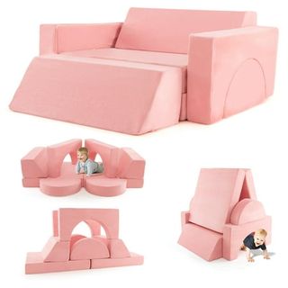 Infans Mondular Kids Play Couch, 8pcs Toddler Sectional Sofa Building Fort for Playroom, Bedroom, Imaginative Convertible Floor Cushion, Foam Nugget Set for Boys and Girls (pink)