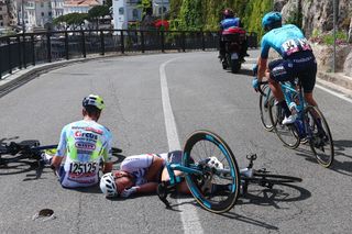 TOPSHOT Astana Qazaqstan Teams British rider Mark Cavendish falls on the Valico di Chiunzi during the sixth stage of the Giro dItalia 2023 cycling race 162 km between Naples and Naples on May 11 2023 Photo by Luca Bettini AFP Photo by LUCA BETTINIAFP via Getty Images