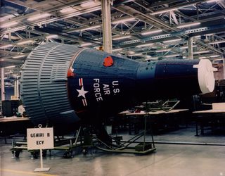 A Gemini-B "pathfinder" engineering mock-up, circa 1968, constructed with both flightworthy components and simulated parts, intended for ground evaluation instead of flight.