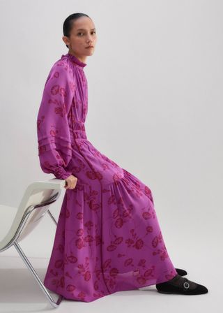 Silk Delicate Winter Floral Print Maxi Dress