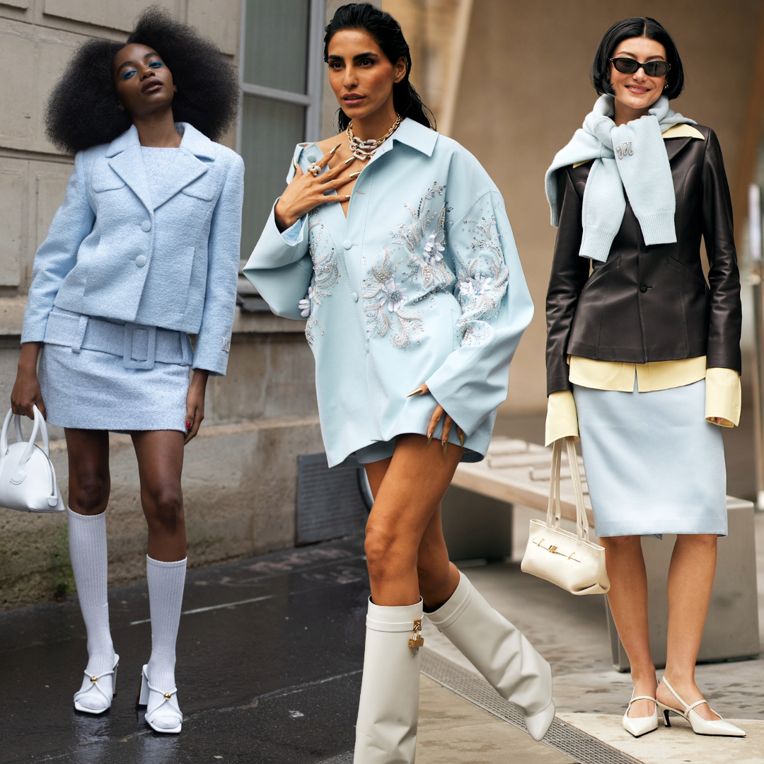 collage of fashion week attendees wearing spring cool blue color trend
