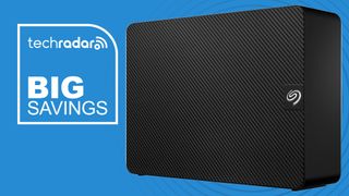 The Seagate Expansion Desktop HDD on a blue background next to a white TechRadar badge in the upper left that reads 'Big Savings'