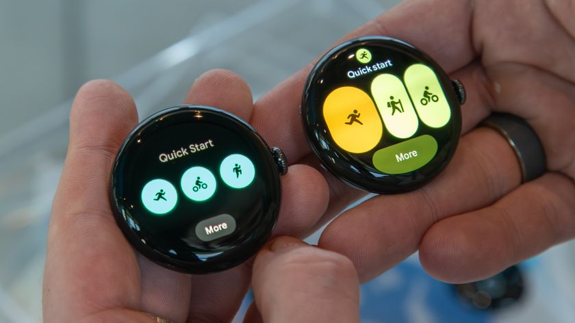 Pixel Watch 4 (right) next to the original Pixel Watch (left) showing the Fitbit Quick Start tile