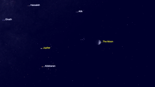 night sky graphic showing the moon in the night sky with Jupiter on the left and the Pleiades in-between them.