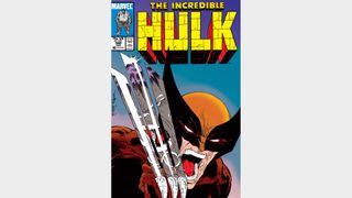 Wolverine snarling in his brown and yellow costume with his claws raised, with grey Hulk reflected in the claws