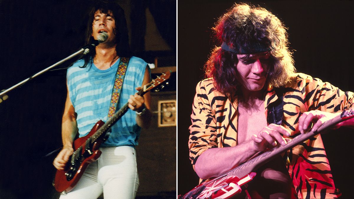 Pat Travers and Eddie Van Halen playing guitar in the 1980s