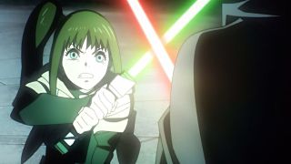 Screenshot from Star Wars Visions showing an animated woman holding a green lightsaber, dueling with someone holding a red lightsaber.