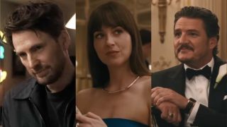 Chris Evans, Dakota Johnson, and Pedro Pascal all looking cute in Materialists.