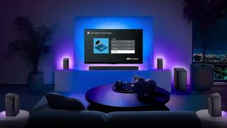 DTS Play-Fi display with blue and purple lighting 