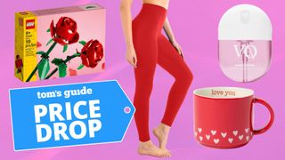 Compilation showing Lego roses building set, Leafigure leggings, VQ hand sanitizer, Spritz mug
