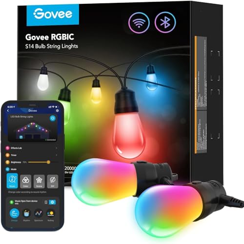 Govee Outdoor Led String Lights, 15m Rgbic Wifi Garden Lights Dimmable Warm White Led Bulbs, Ip65 Waterproof Smart Garden Lights for Backyard, Party