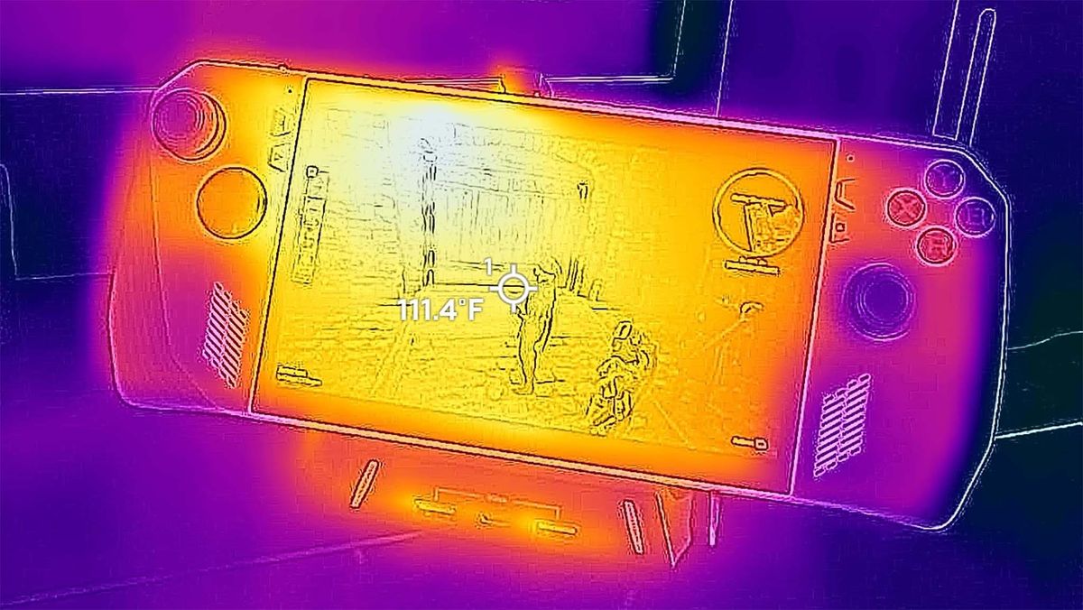 ROG Ally with game displayed on screen seen through a thermal camera.
