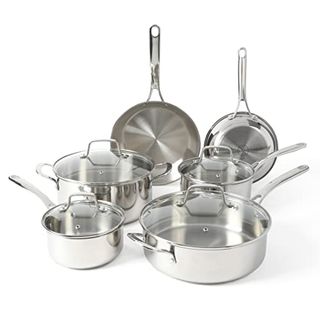 Martha Stewart Castelle 10 Piece 18/8 Stainless Steel Induction Safe Pots and Pans Non-Toxic Kitchen Cookware Set