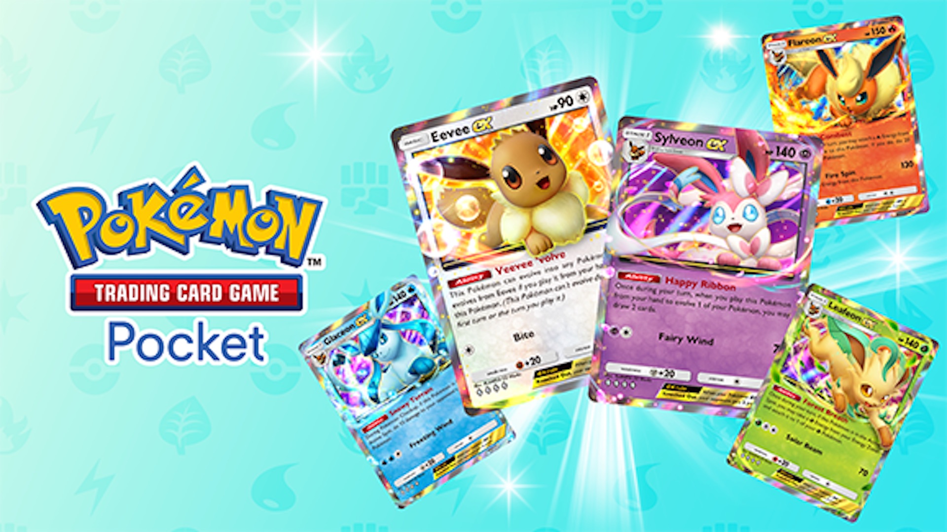 Eevee and its evolutions as Pokémon cards next to the logo for TCG Pocket