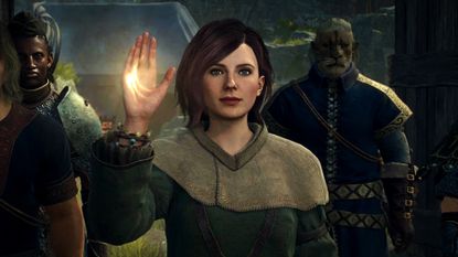 Dragon's Dogma 2 screenshot showing a young female Pawn with short brown hair holding her right hand up, a glow emanating from it
