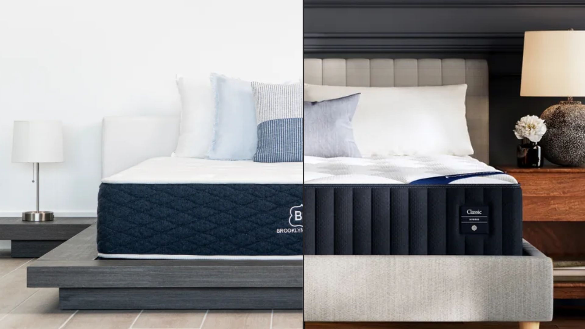 The image shows the Brooklyn Bedding Signature Hybrid on the left and and the DreamCloud Classic on the right in a side by side mattress comparison 