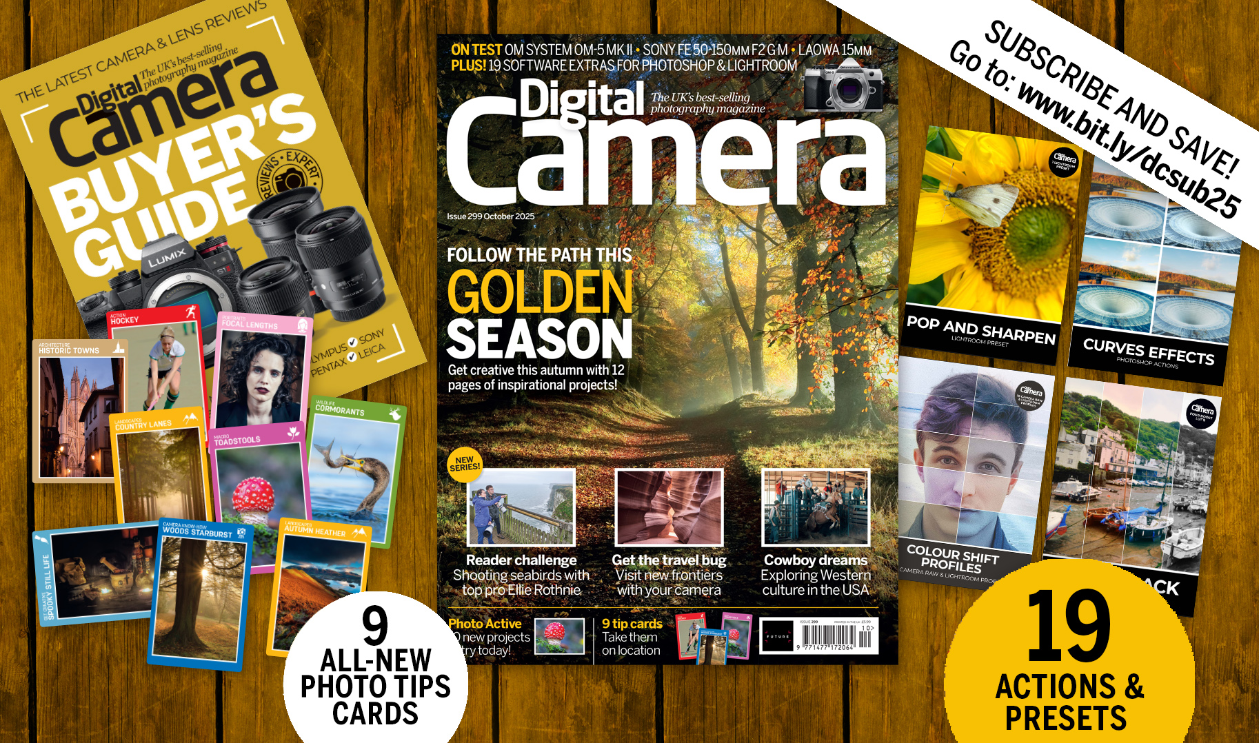 Front cover of issue 299 (October 2025) of Digital Camera magazine and images showing the highlights of the bonus gifts included with the magazine &amp;ndash; nine photo tips cards, 3 tutorial videos, 19 software extras and an ebook