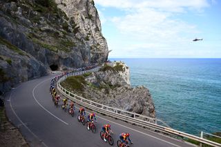 ANDORA ITALY MAY 07 LR Jonathan Milan of Italy Simone Consonni of Italy and Team Lidl Trek and a general view of the peloton competing close to the Mediterranean seaside during the 107th Giro dItalia 2024 Stage 4 a 190km stage from Acqui Terme to Andora UCIWT on May 07 2024 in Andora Italy Photo by Tim de WaeleGetty Images