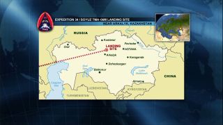 This NASA graphic depicts the landing site in Kazakhstan for NASA astronaut Kevin Ford and Russian cosmonauts Oleg Novitskiy and Evgeny Tarelkin, the Expedition 34 crew, who were returning to Earth on March 15, 2013.