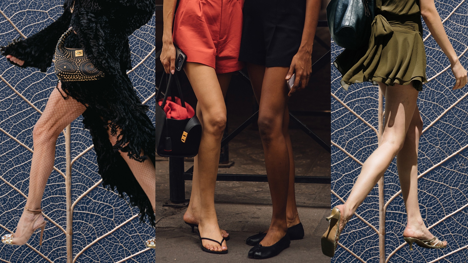 a background with a blue leaf with four pairs of legs wearing stylish shoes and black and red outfits