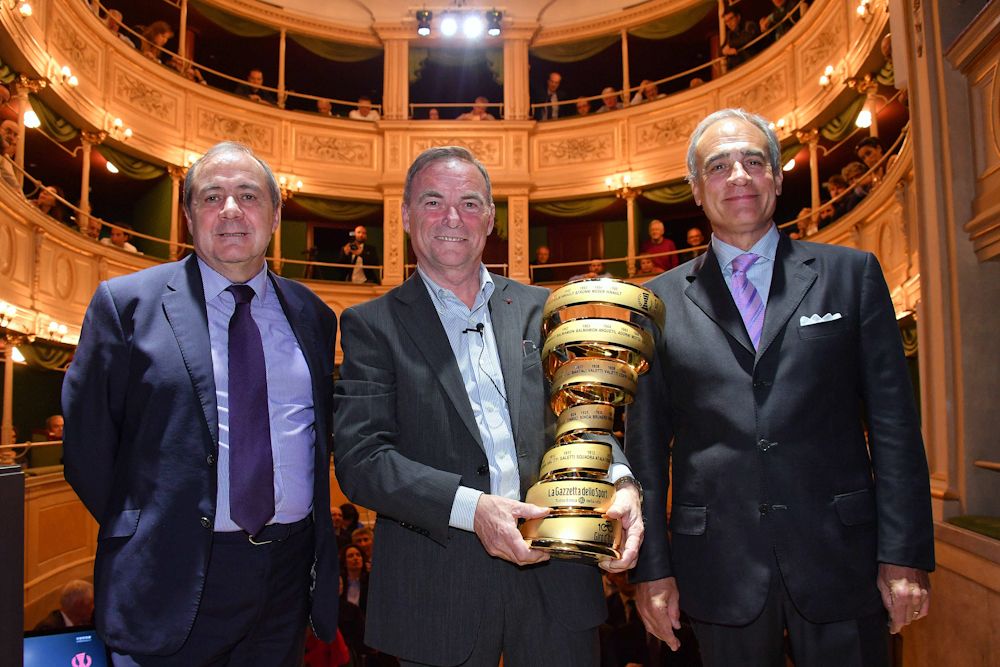 Bernard Hinault with Andrea Monti, La Gazzetta dello Sport Director and Mauro Vegni, Giro d'Italia Director