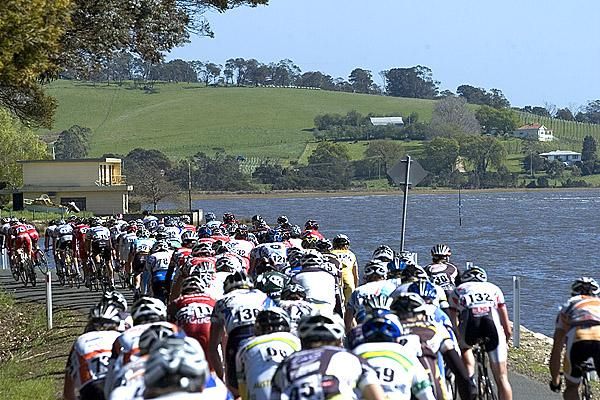 The peloton was still covering all the road near Rosevears beside the Tamar River as the race headed towards George Town.