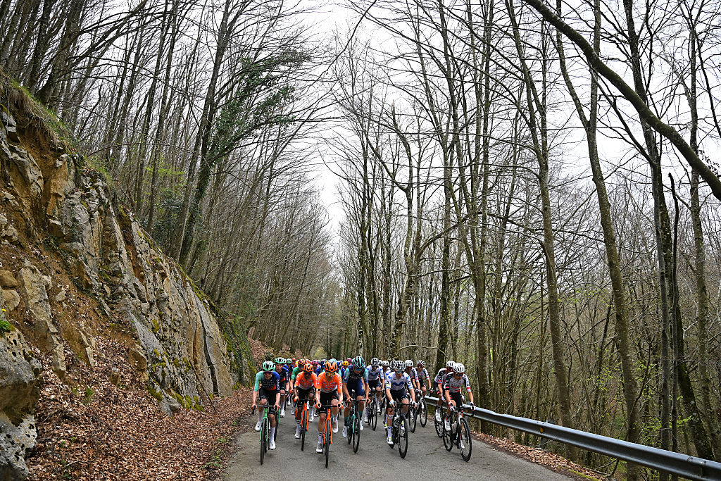 CUEVAS DE MENDUKILO, SPAIN - APRIL 07: (L-R) Leo Bisiaux of France and Team Decathlon CMA CGM, Victor Langellotti of Monaco and Team INEOS Grenadiers, Roger Adria of Spain and Team Movistar and Adria Pericas of Spain and UAE Team Emirates - XRG lead the peloton during the 65th Itzulia Basque Country 2026, Stage 2 a 164.1km stage from Pamplona-Iruna to Cuevas de Mendukilo 757m / #UCIWT / on April 07, 2026 in Cuevas de Mendukilo, Spain. (Photo by Tim de Waele/Getty Images)