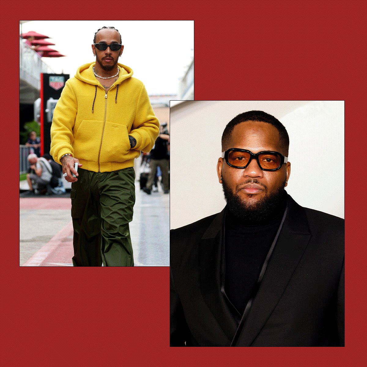 A collage showing sports stylists like Eric McNeal and Dex Robinson and their athlete clients, from Lewis Hamilton to Jalen Hurts, against a dark red background. 