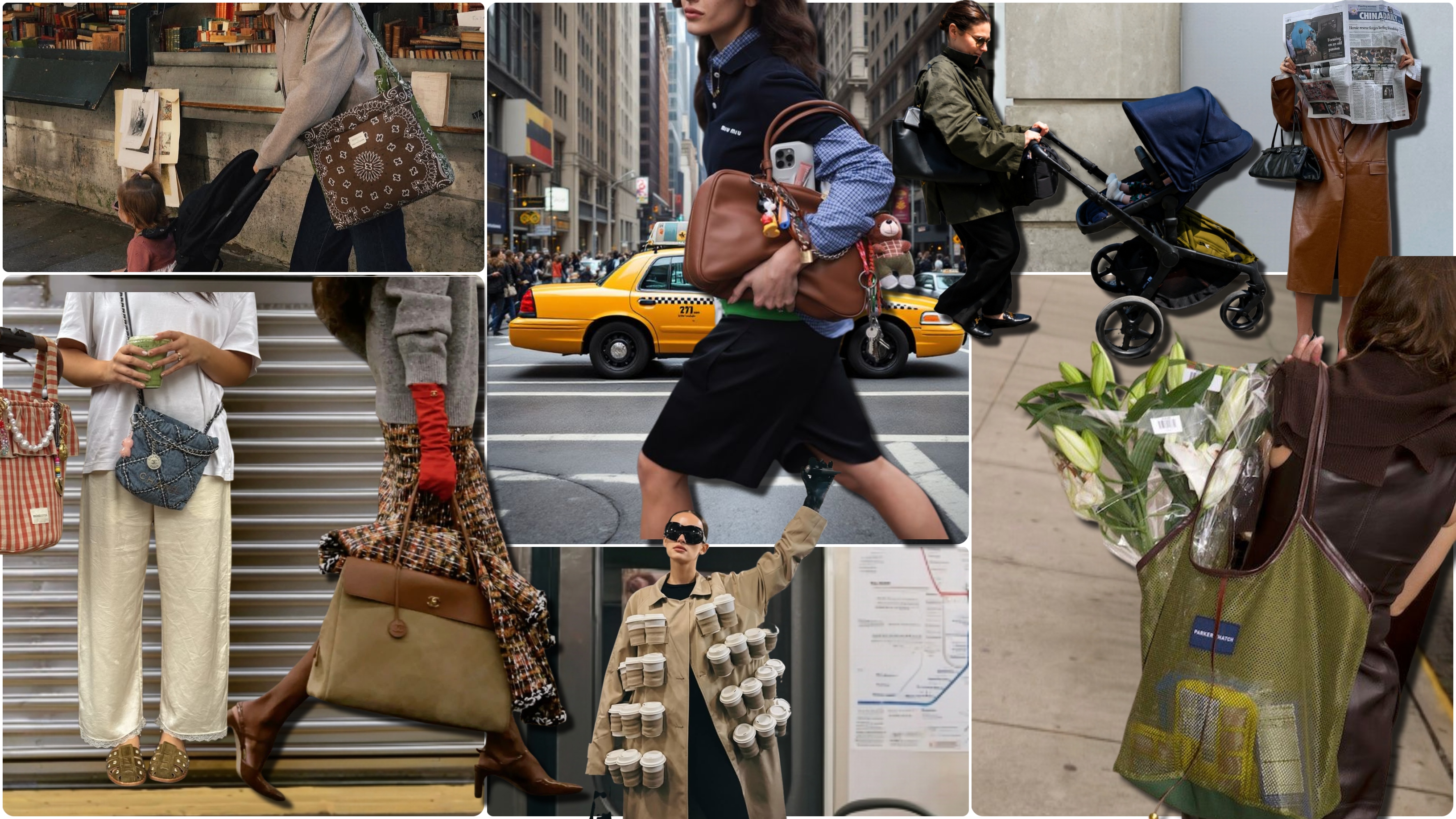 collage of stylish women carrying Mom bags