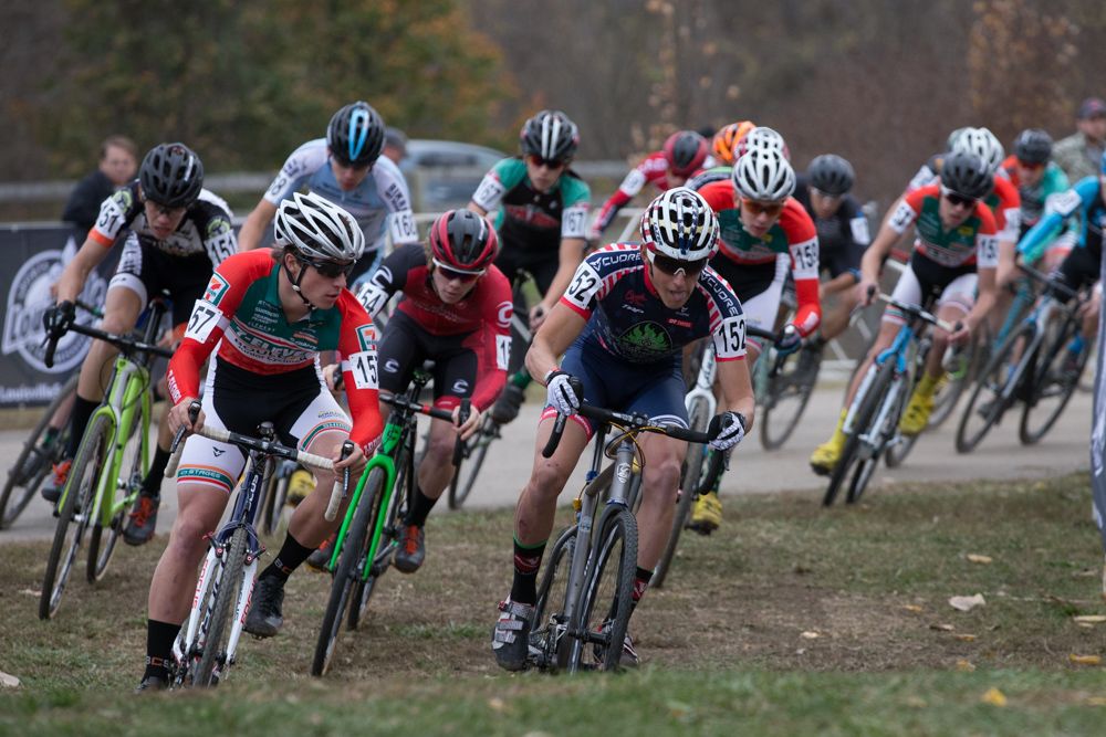 Gage Hecht leads the UCI 17-18 Juniors field on to the dirt. Hecht and Spencer Petrov traded lead throughout the race, but a bobble by Petrov on the last lap in the final dirt section gave Hecht the lead and the win