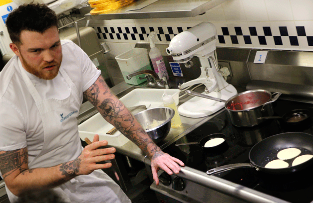 Chef Tom Brown explaining how to make the perfect pancake