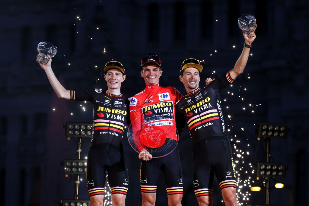 Jumbo-Visma sweep final podium (l-r): second place Jonas Vingegaard, winner Sepp Kuss and third place Primož Roglič