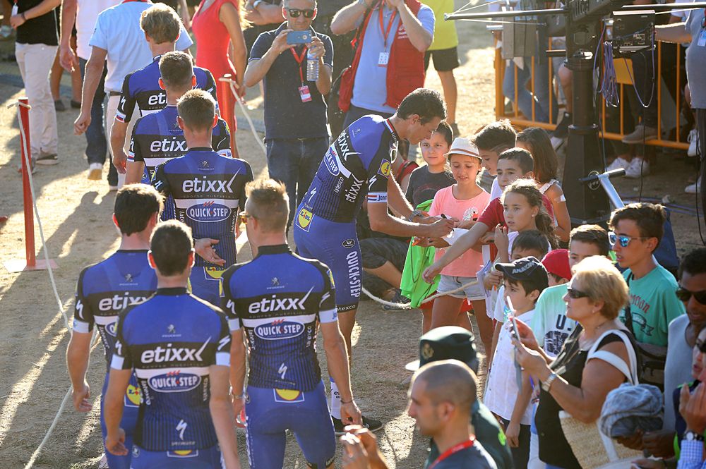 Etixx-QuickStep head to the staging area for the 2016 Vuelta a Espana team presentation