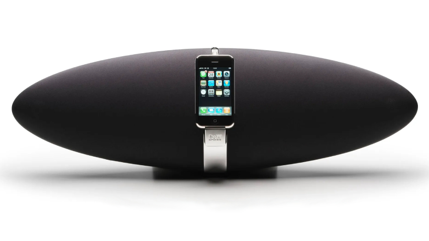 A B&amp;amp;W Zeppelin iPod dock on a white background