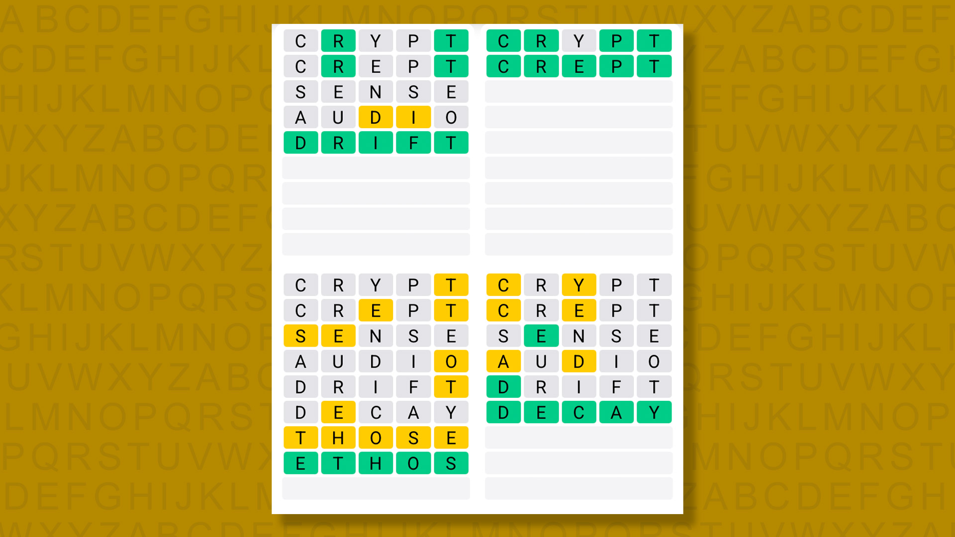 Quordle answers for game 1586 on a yellow background