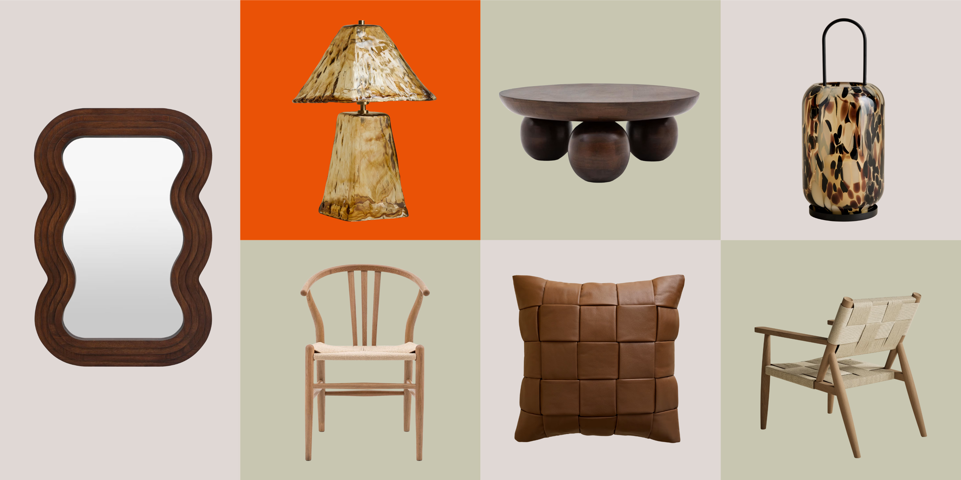 Product Grid with Marks &amp; Spences home decor, wooden mirror, leather cushion, wooden rounded coffee table, glass lamp, lounge chair, dining chair 