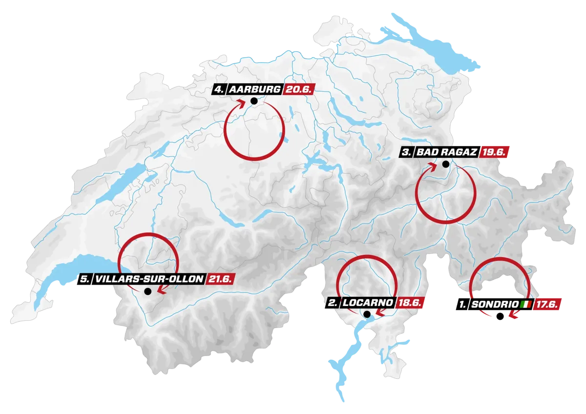 Map showing the five stages of the 2026 Tour de Suisse Women