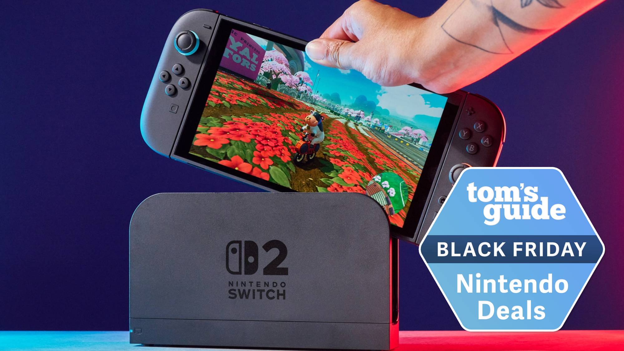 Nintendo Switch 2 console being docked with a Tom's Guide Black Friday deals badge