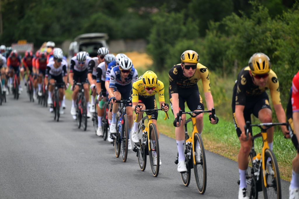 MOULINS FRANCE JULY 12 Jonas Vingegaard of Denmark and Team JumboVisma Yellow Leader Jersey competes during the stage eleven of the 110th Tour de France 2023 a 1798km from ClermontFerrand to Moulins UCIWT on July 12 2023 in Moulins France Photo by David RamosGetty Images