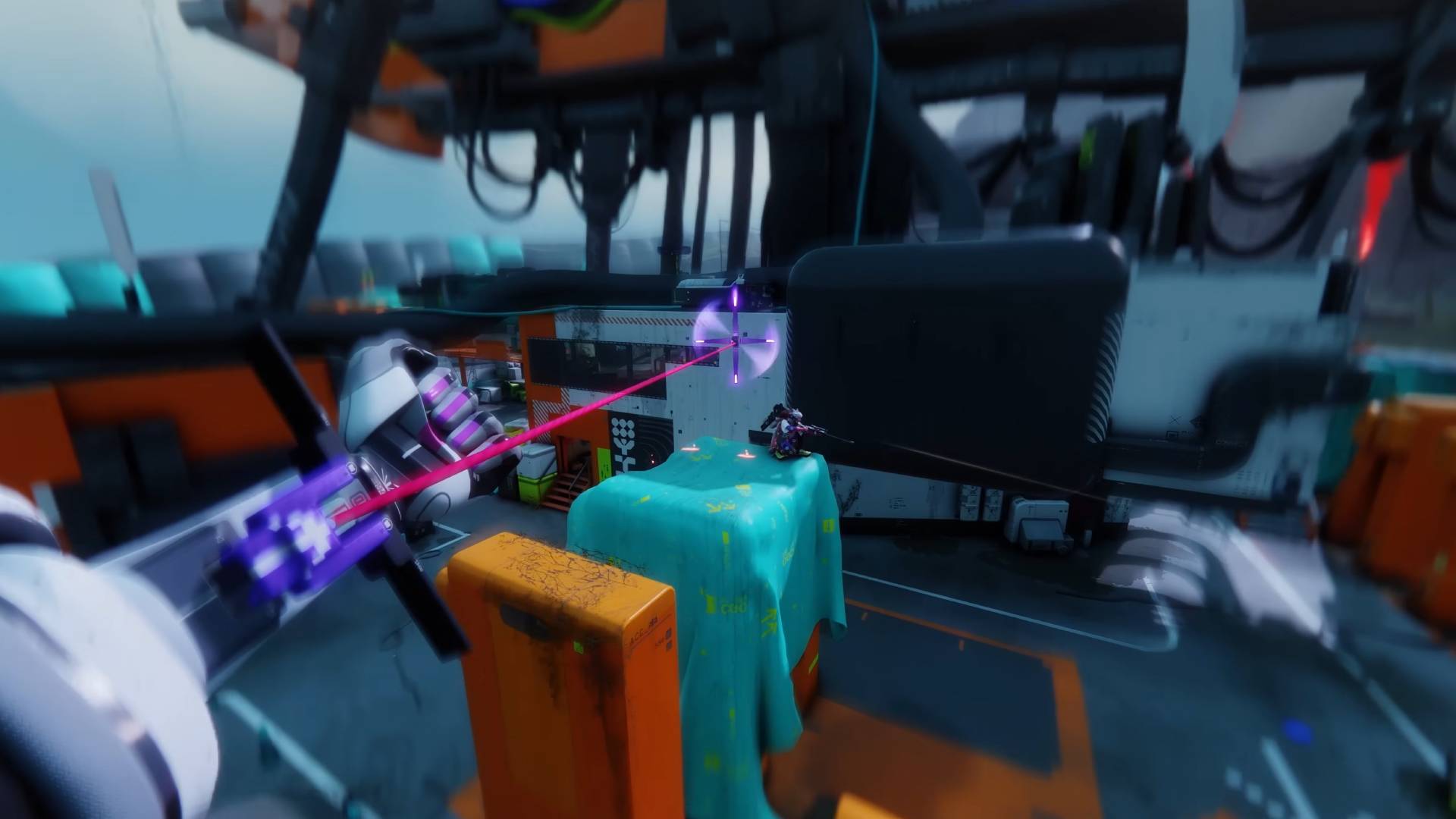 Marathon characters Thief shell using grapple to fly at an enemy on top of a box