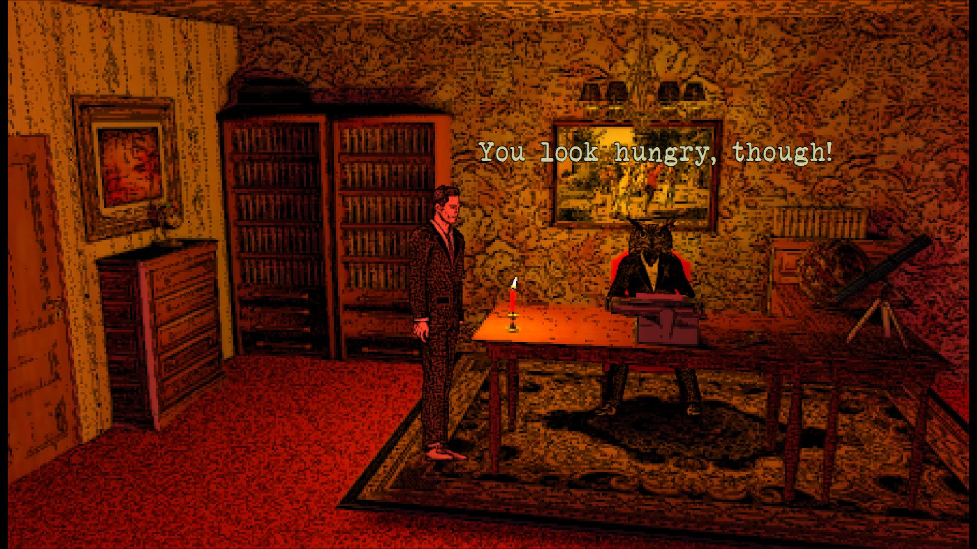 Free Steam games - Dinner With An Owl - A man stands in an office next to an anthropomorphic owl character sitting at a desk who says "You look hungry, though!"