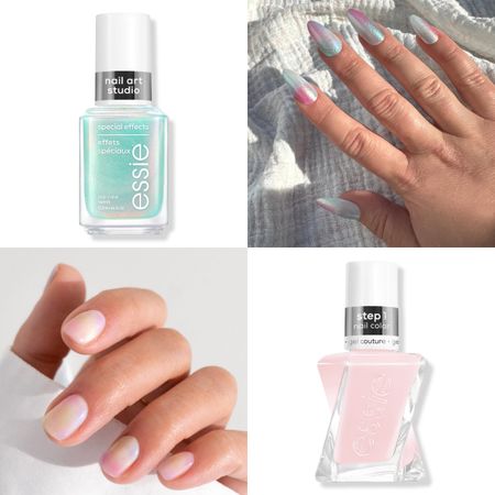 two manicures in pastel and nude colors in a grid pattern surrounded by two bottles of nail polish on a white background