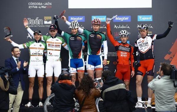 The overall Andalucia Bike Race podium: Cceska Sporitelna Specialized in first, Hispano-Luso in second and BMC Factor in third.